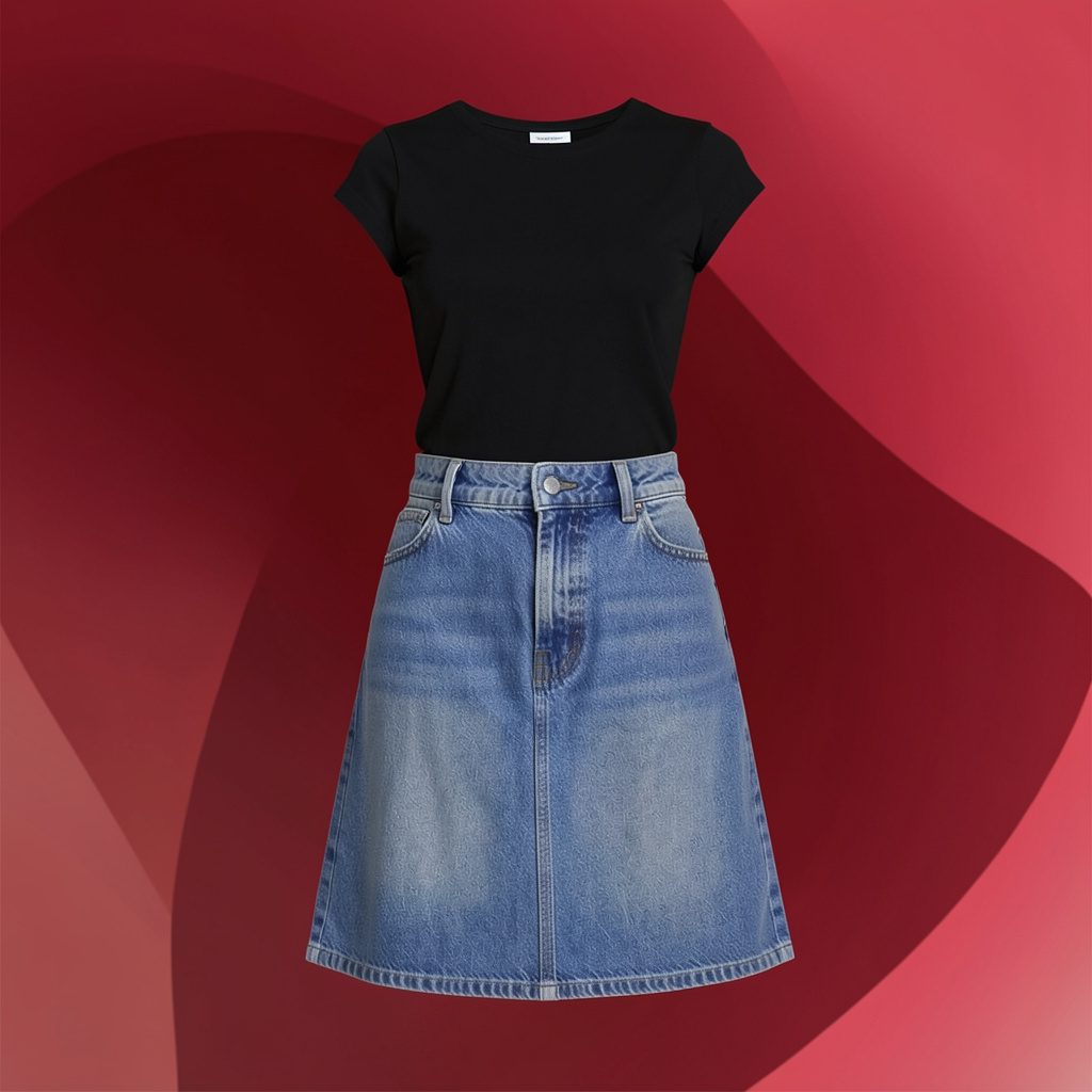 A denim skirt paired with a black top, photographed in a clean editorial style